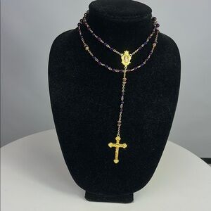 Rosary Purple Plastic Bead Gold Tone Crucifix Queen of Heaven Pray For Us